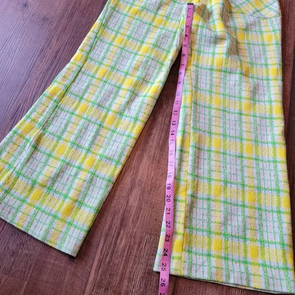 Vintage 70s Jan Celeste Yellow Green Plaid Elastic High Waist Pants - Picture 7 of 7